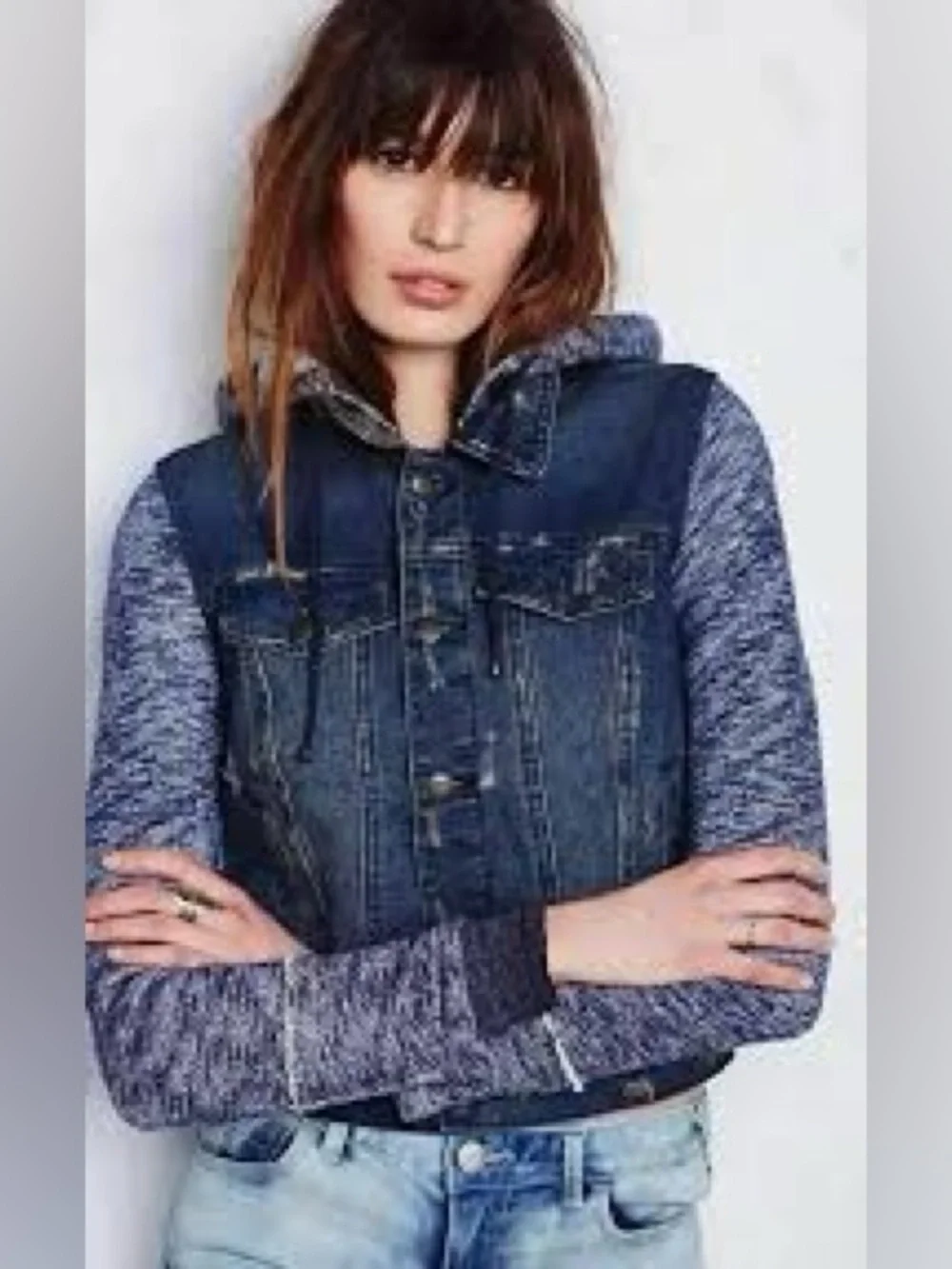 Free People Distressed Denim Hoodie Jacket Size Small - Picture 1 of 8